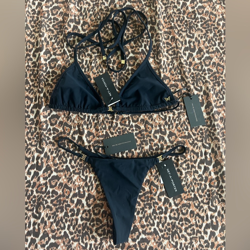 Kiki De Montparnasse Black Triangle Bikini Set with Gold Accents